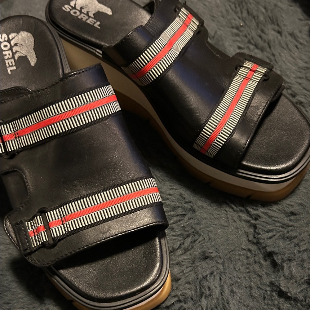 Sorel Black Sandals with Red and White Accents